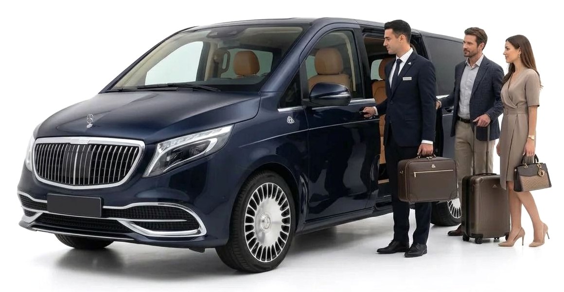 Mercedes-Benz V class Maybach: водитель в костюме открывает дверь пассажирам с багажом